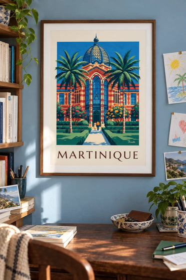 Affiche van Martinique, de Schœlcher-bibliotheek in Fort-de-France : ingelijst aan de muur