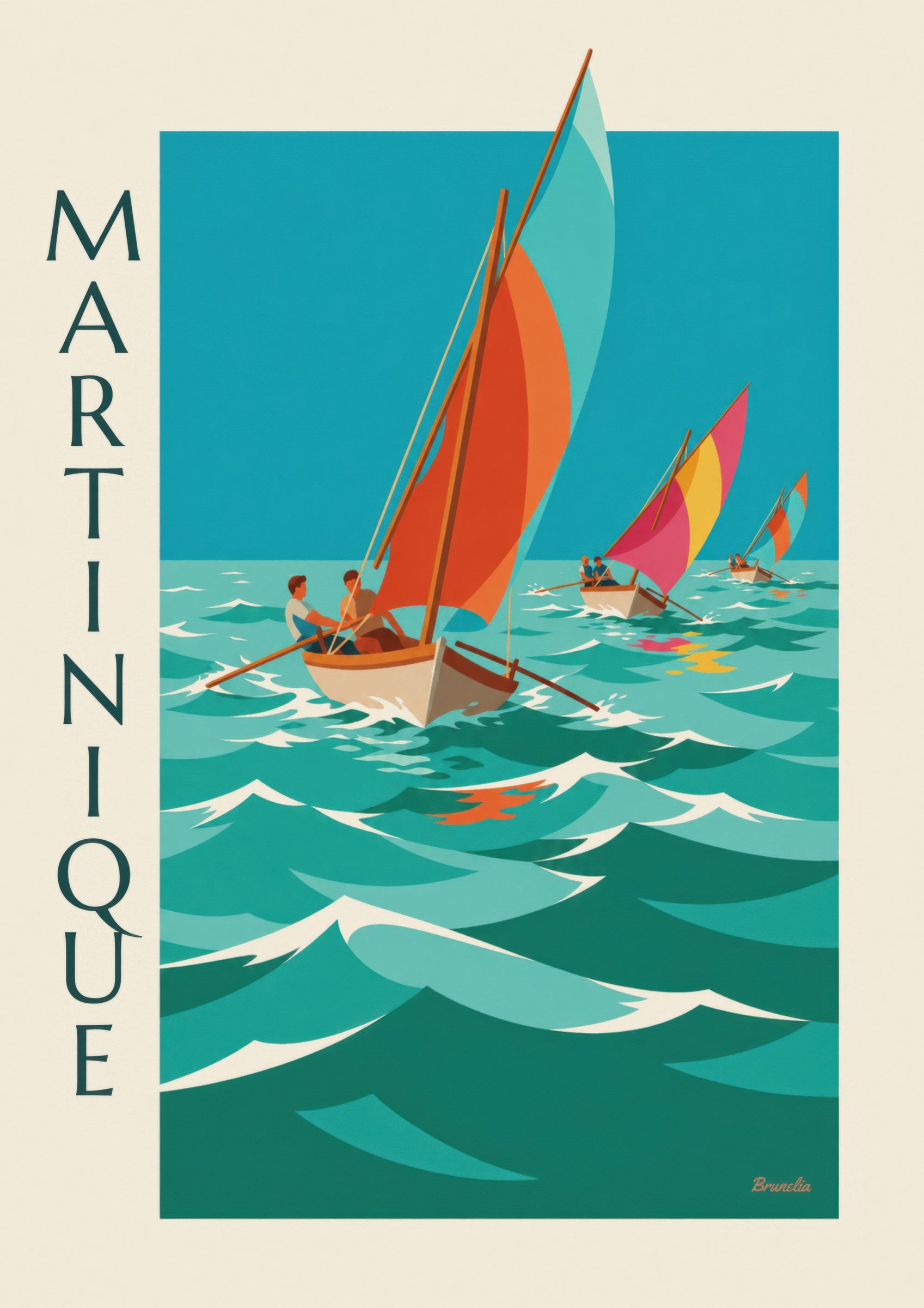 Affiche Martinique, course de yoles aux voiles colorées: detail in close-up