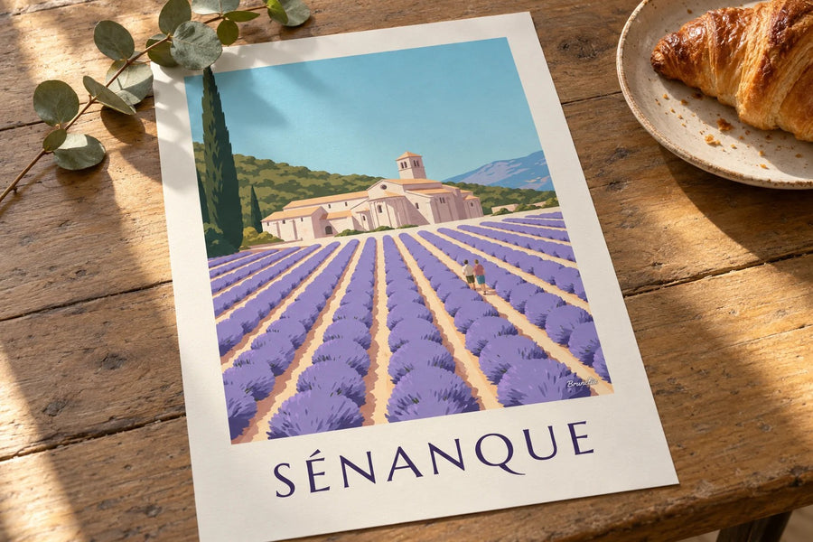 Affiche abbaye de Sénanque et lavande : posée sur une table