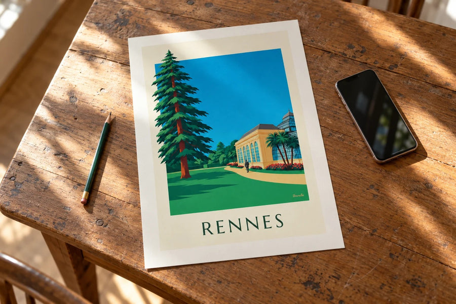 Affiche Rennes, parc du Thabor et son orangerie : posée sur une table