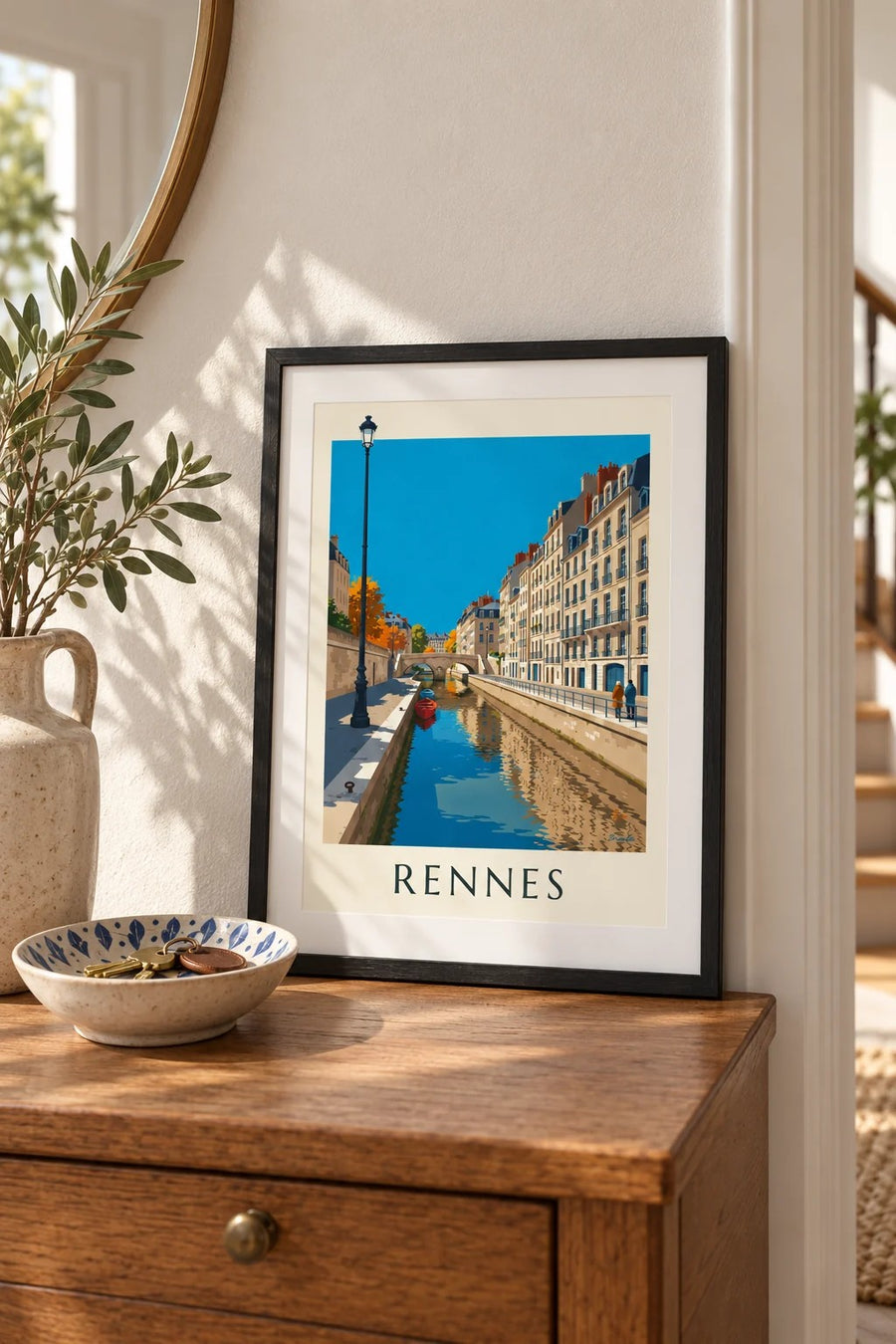 Affiche Rennes la Vilaine et le quai Émile-Zola : petit format A4 encadré