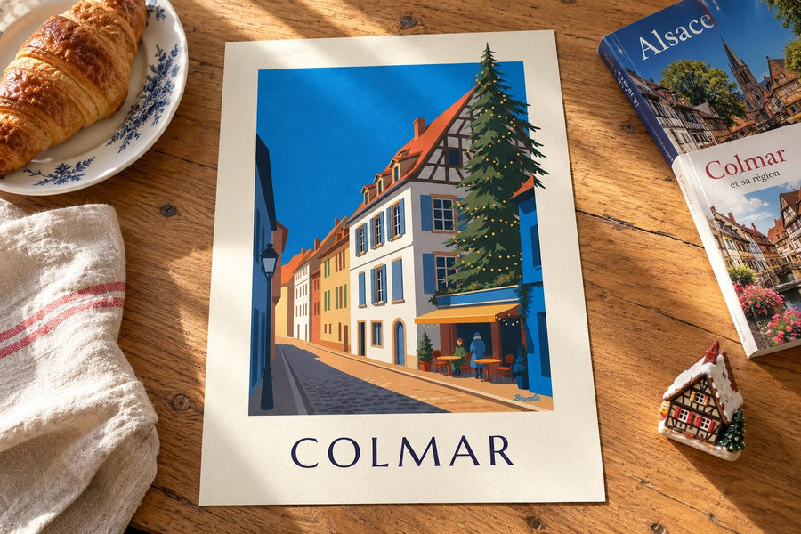 Poster van Colmar in kerstsfeer, de wijk La Poissonnerie : neergezet op een tafel