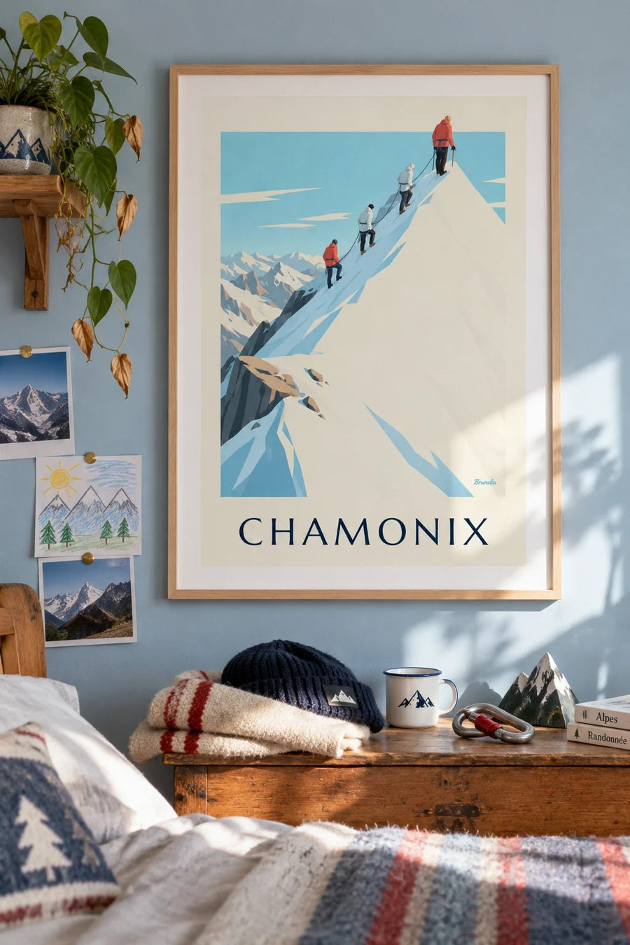 Affiche alpinistes sur l'arête de l'Aiguille du Midi : encadrée au mur