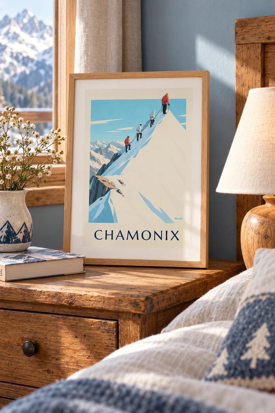 Affiche alpinistes sur l'arête de l'Aiguille du Midi : petit format A4 encadré