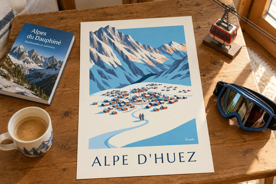 Affiche Alpe d'Huez vue du Pic Blanc en hiver : posée sur une table