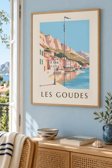 Poster van de haven van Les Goudes bij zonsondergang : ingelijst aan de muur