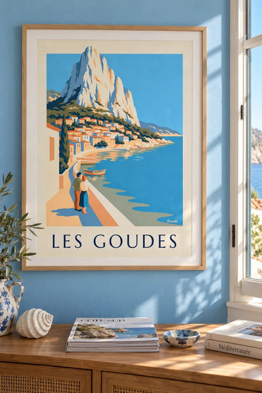 Poster van Les Goudes gezien vanaf zee : ingelijst aan de muur