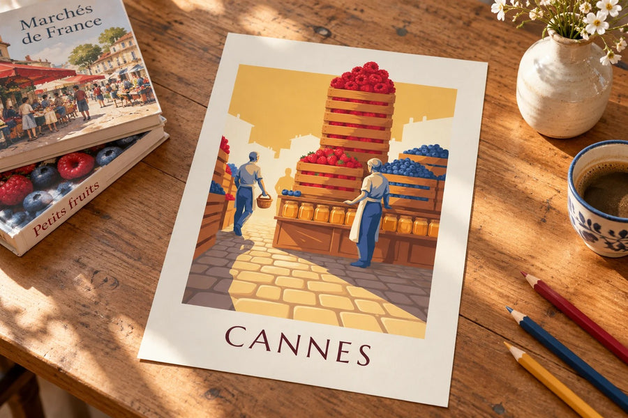 Poster van de Forville-markt in Cannes, rood fruit : neergezet op een tafel