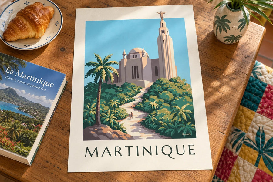 Poster van Martinique, de Sacré-Cœurkerk van Balata : neergezet op een tafel