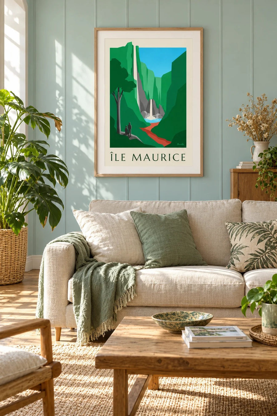Affiche Île Maurice, cascade de Chamarel (titre ÎLE MAURICE) : encadrée au mur