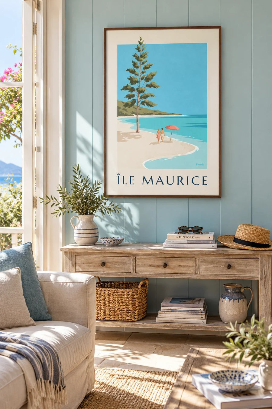 Affiche Île Maurice, plage de Blue Bay (titre ÎLE MAURICE) : encadrée au mur