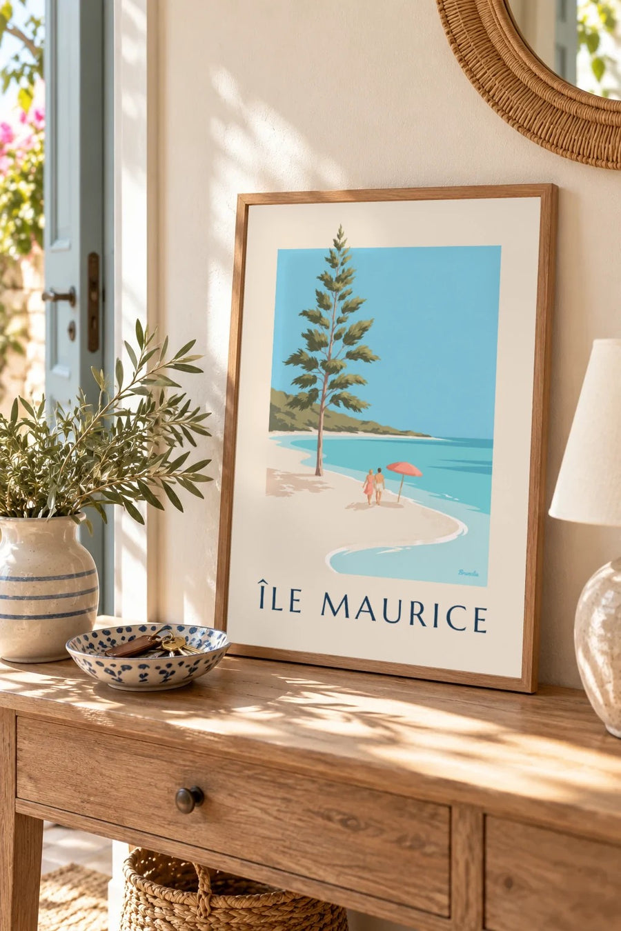 Affiche Île Maurice, plage de Blue Bay (titre ÎLE MAURICE) : petit format A4 encadré