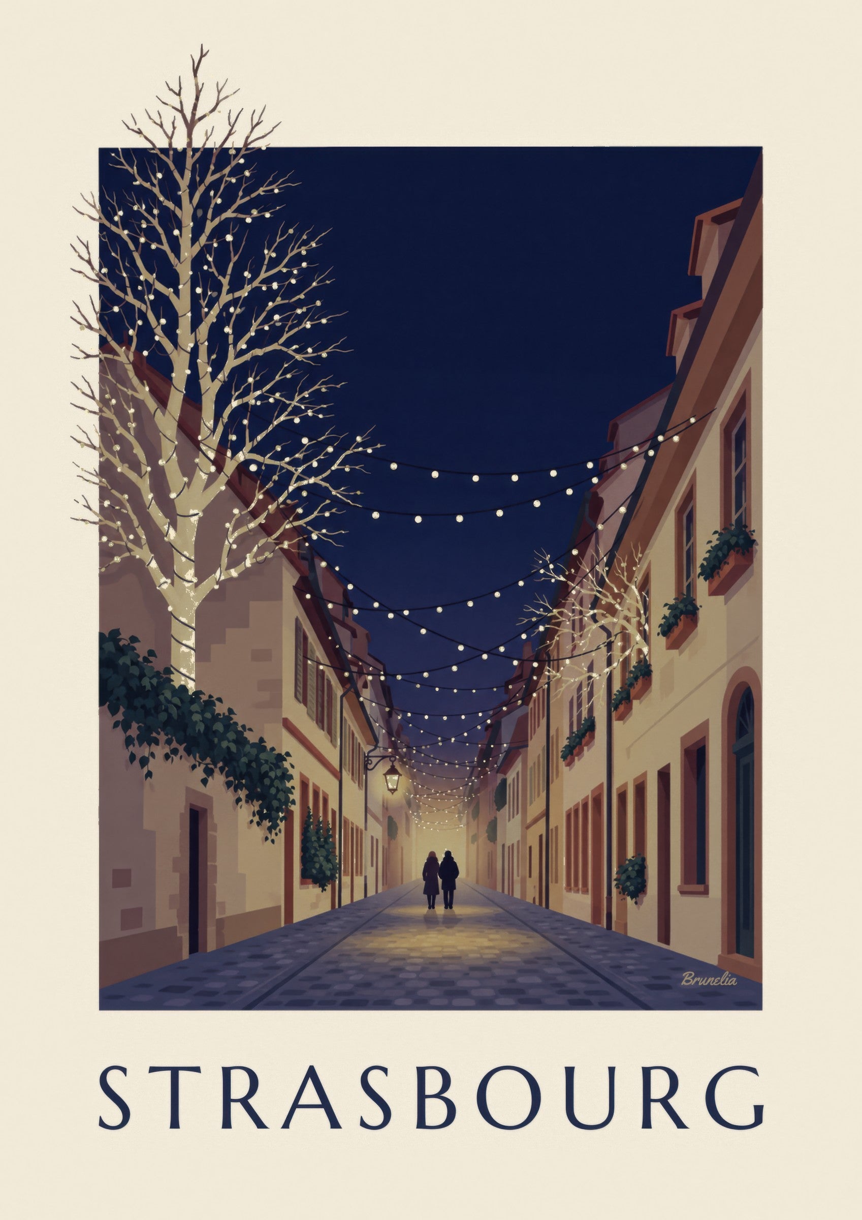 Affiche ruelle de Strasbourg illuminée pour Noël: detail in close-up