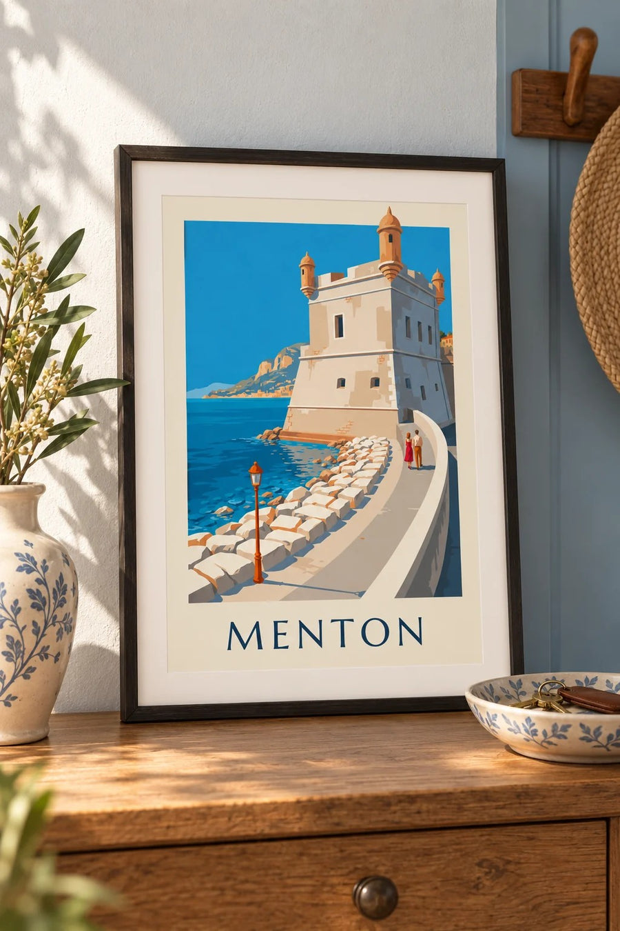 Affiche Bastion du vieux port de Menton en bord de mer : petit format A4 encadré