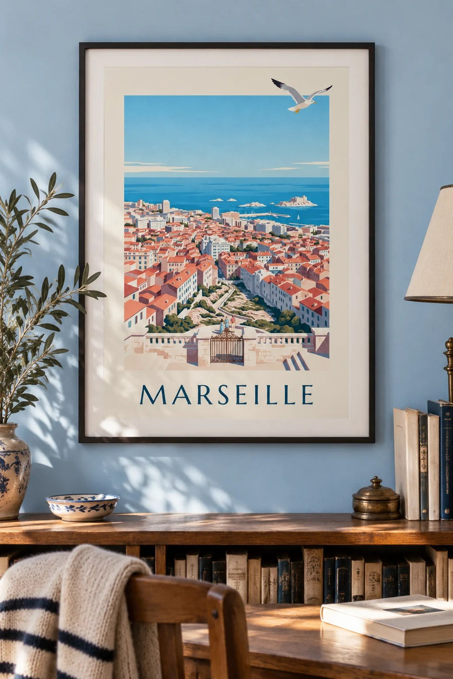Affiche vue de Marseille depuis Notre-Dame-de-la-Garde : encadrée au mur