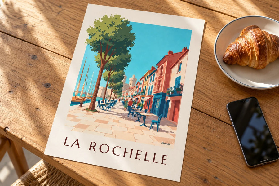 Affiche du Gabut à La Rochelle, maisons colorées : posée sur une table
