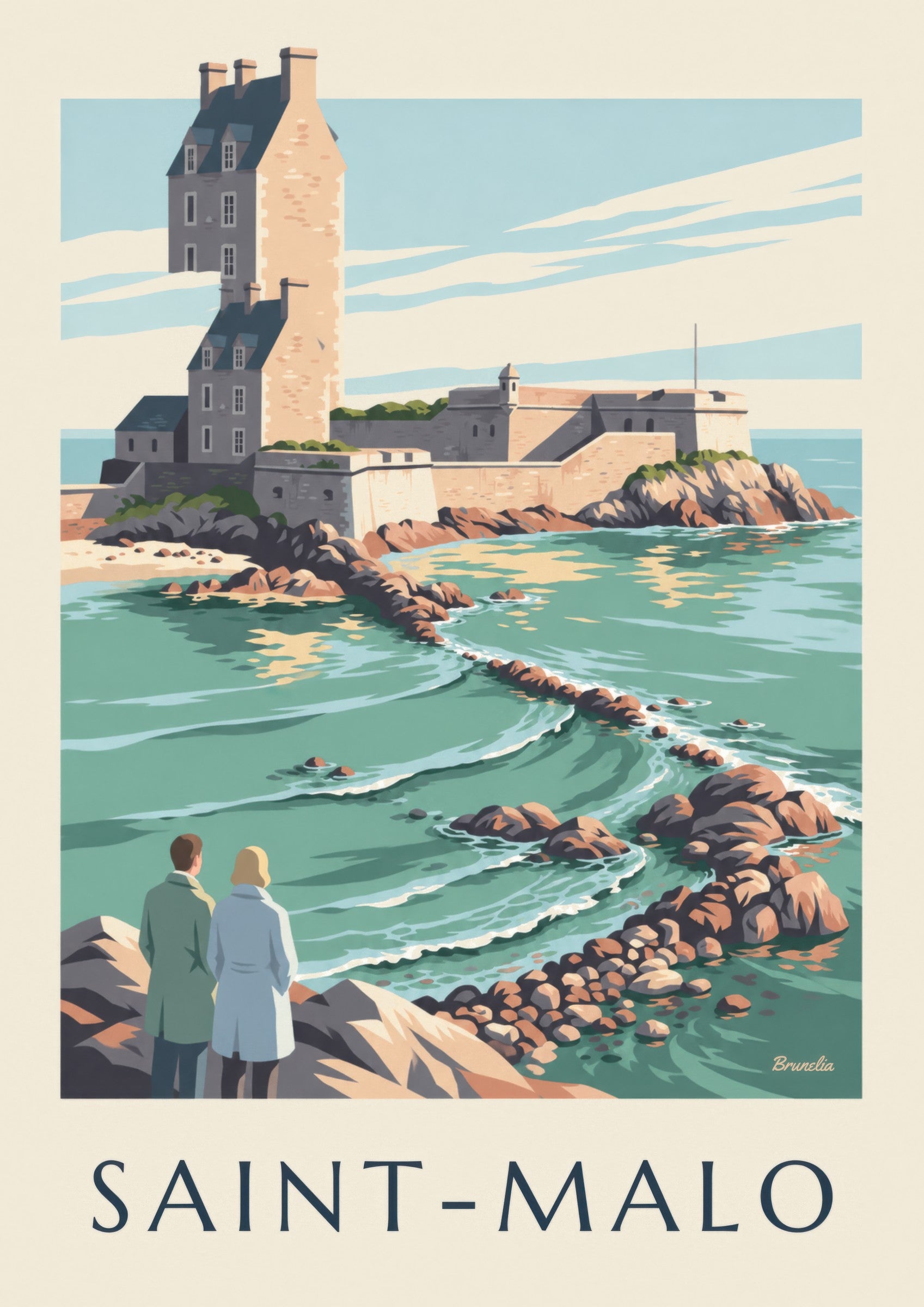 Affiche Fort National de Saint-Malo à marée haute : détail en gros plan
