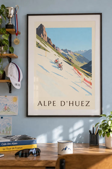 Poster Alpe d'Huez, mountainbikers op sneeuw : ingelijst aan de muur