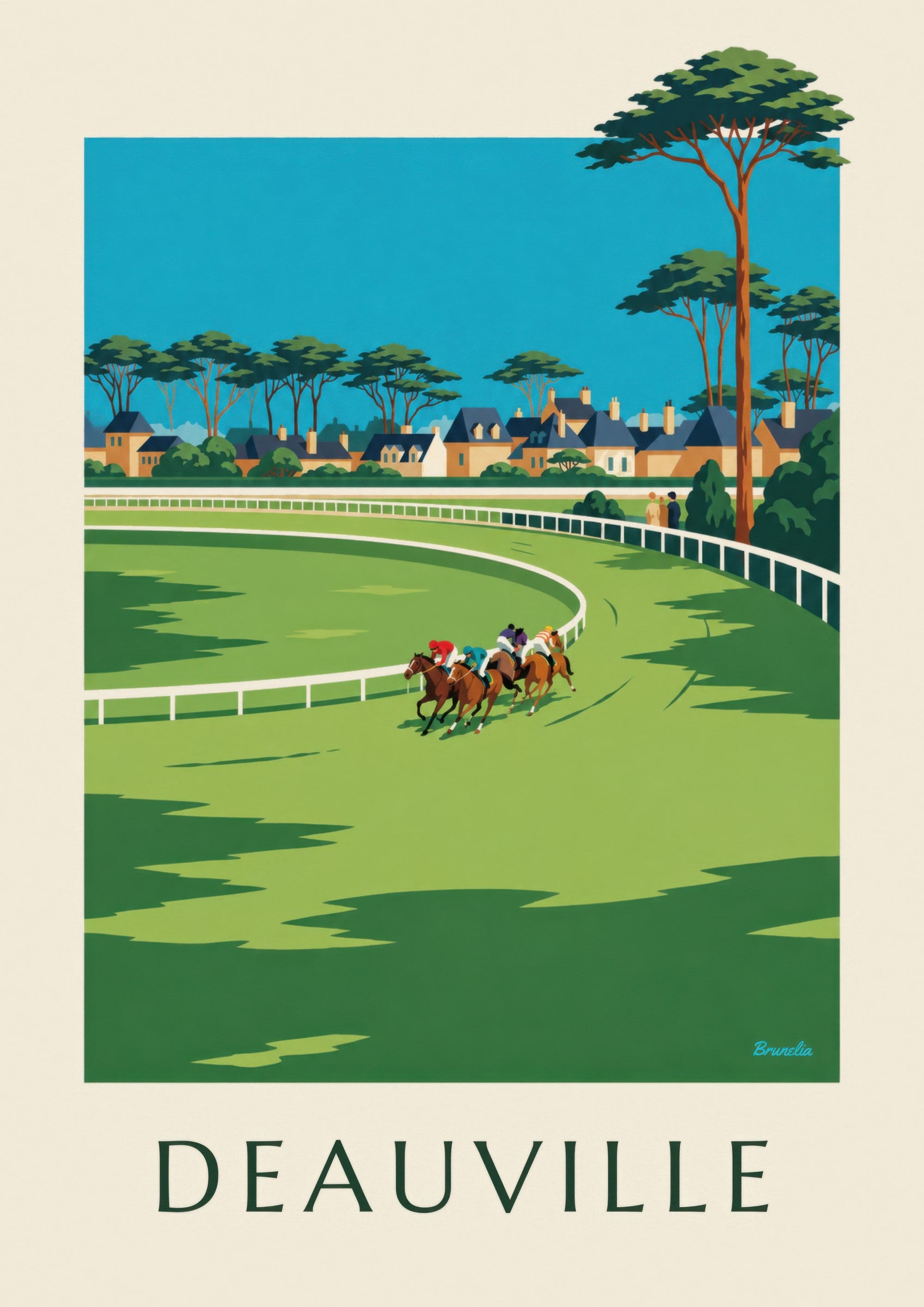 Affiche Deauville hippodrome et chevaux au galop: detail in close-up