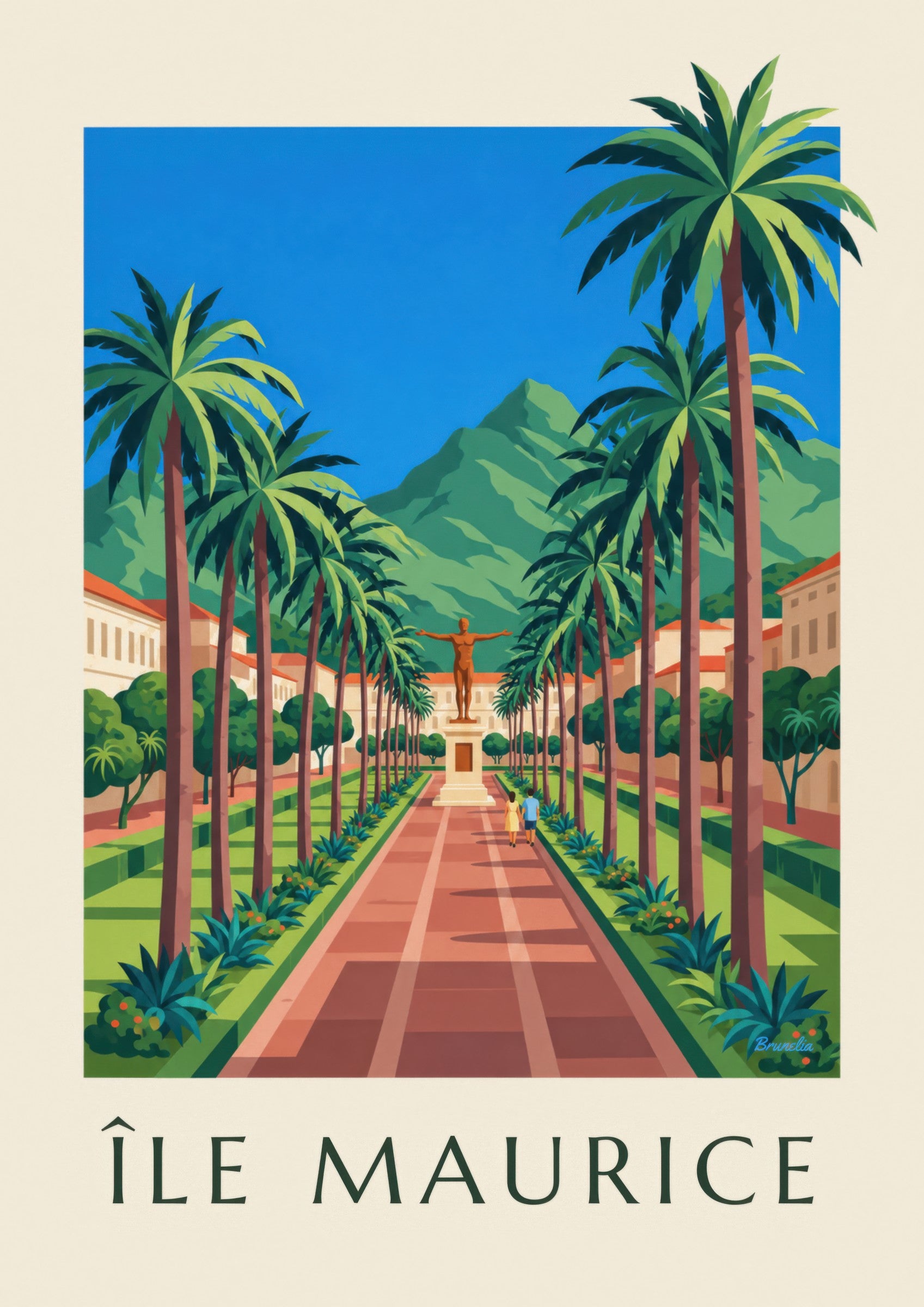 Affiche Port-Louis, place d'Armes et palmiers (titre ÎLE MAURICE): detail in close-up