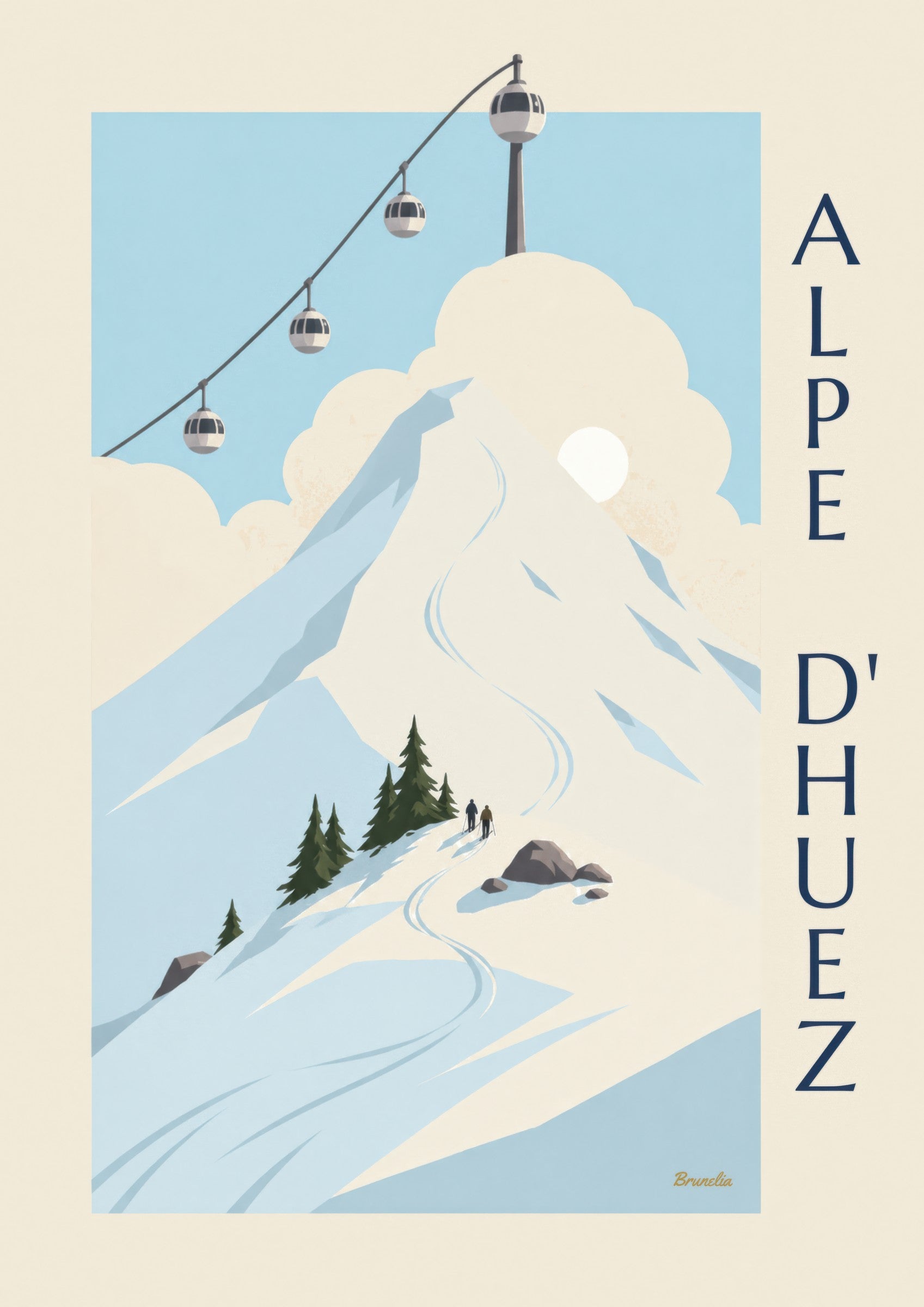 Affiche Alpe d'Huez, cabines œuf au-dessus des pistes : détail en gros plan