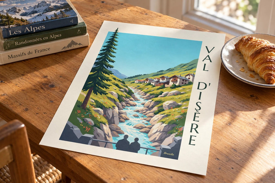 Affiche Val d’Isère, l’Isère dans les gorges du Fornet en été : posée sur une table