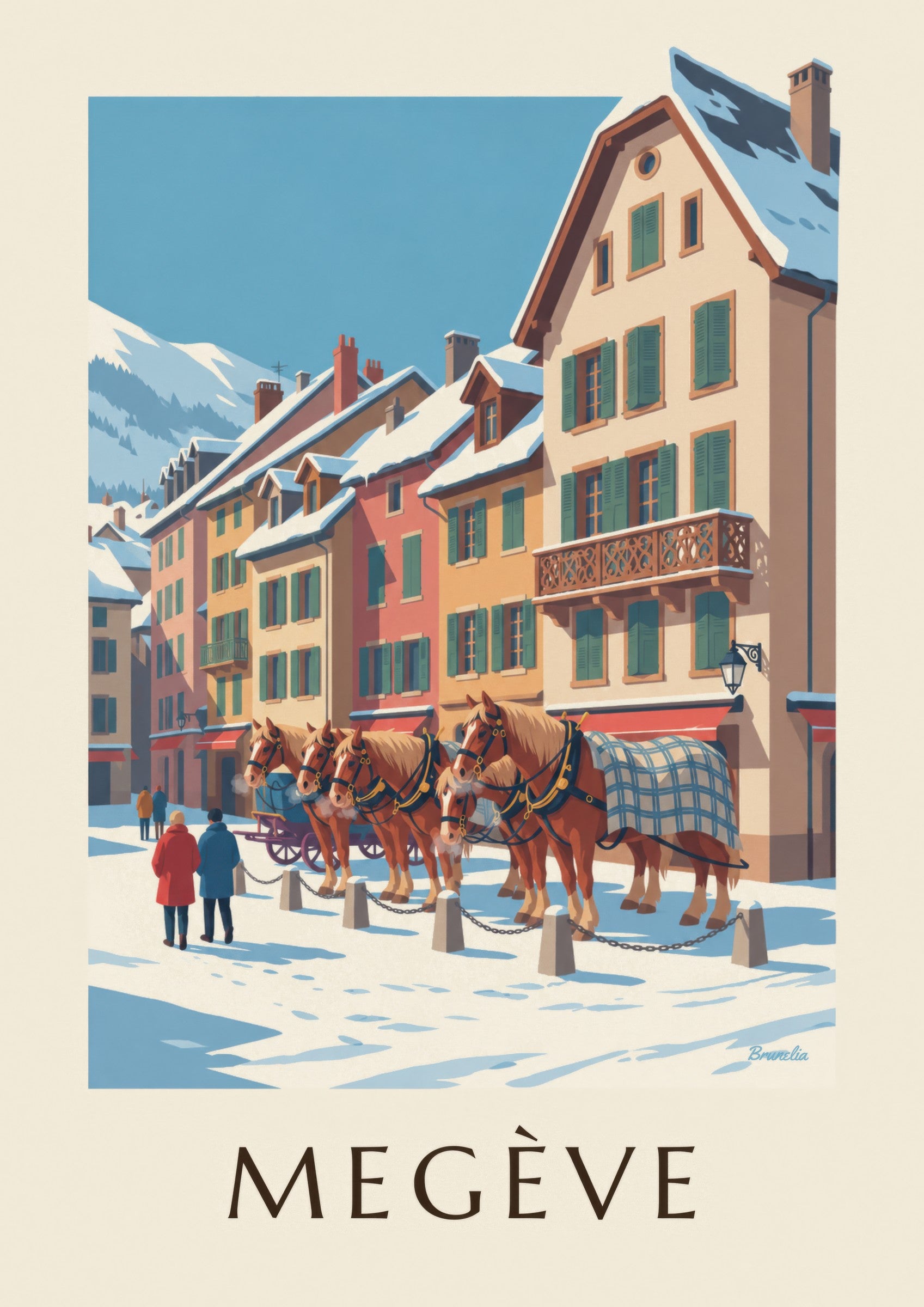 Affiche Megève, chevaux de calèche en hiver: detail in close-up