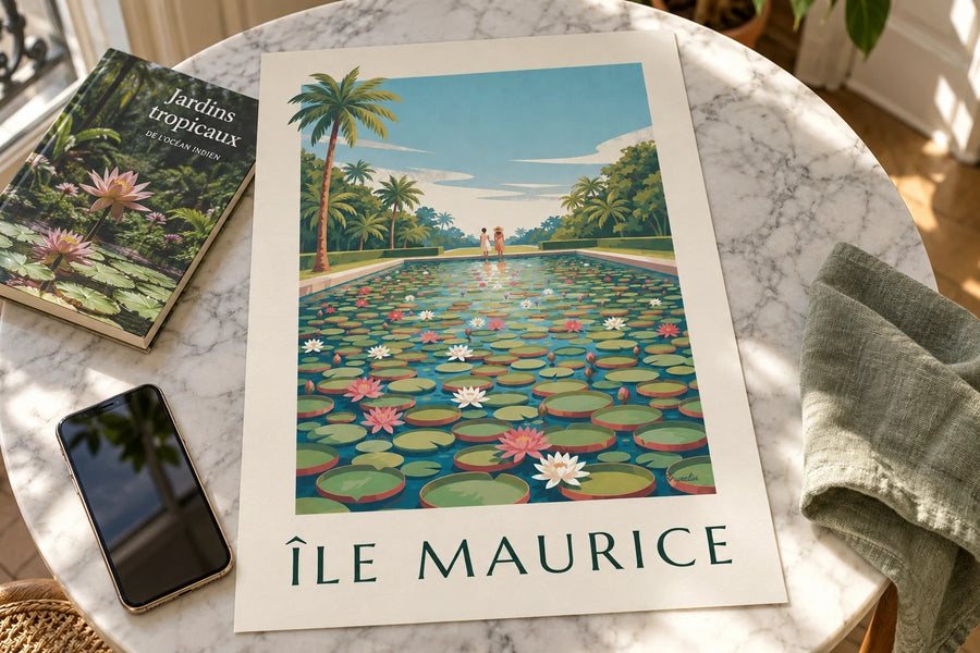 Poster Mauritius reuzenwaterlelies (titel ÎLE MAURICE) : neergezet op een tafel
