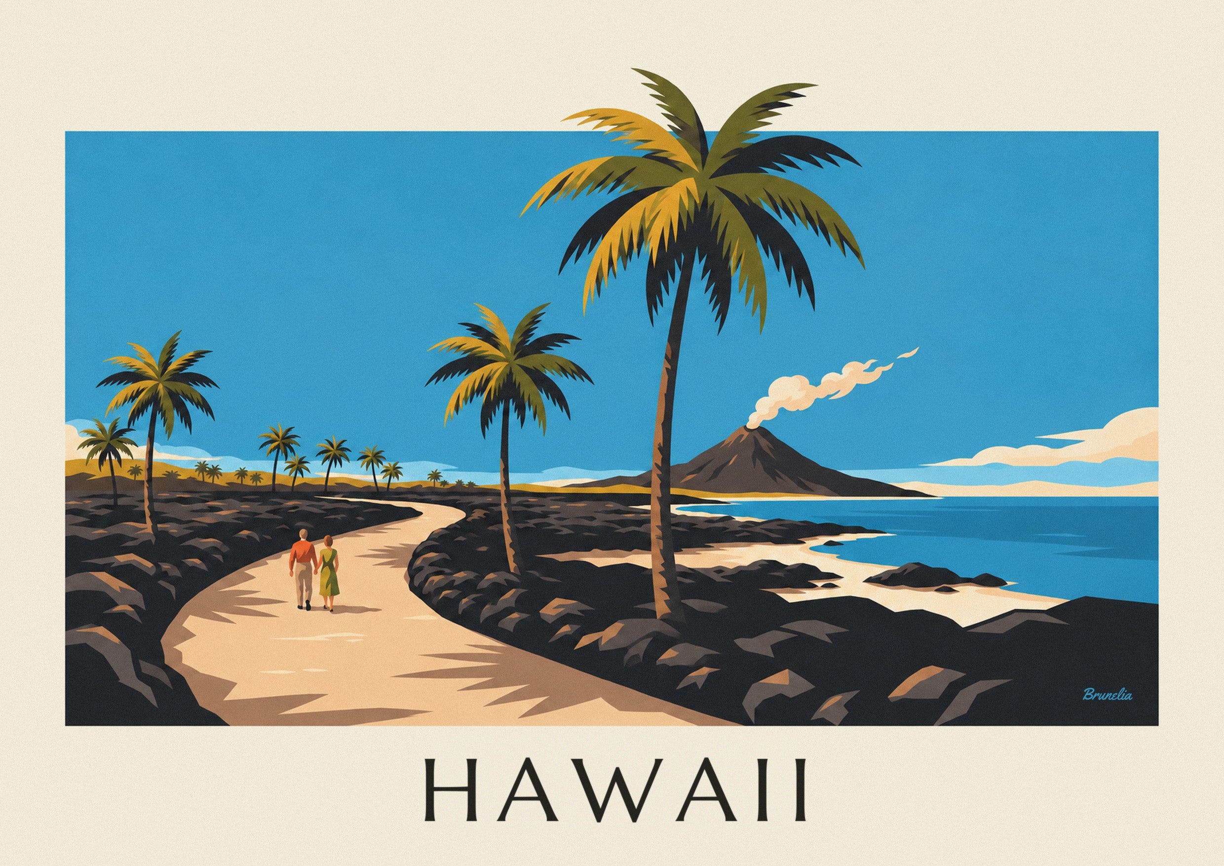 Affiche route d'Hawaii entre palmiers et volcan : détail en gros plan
