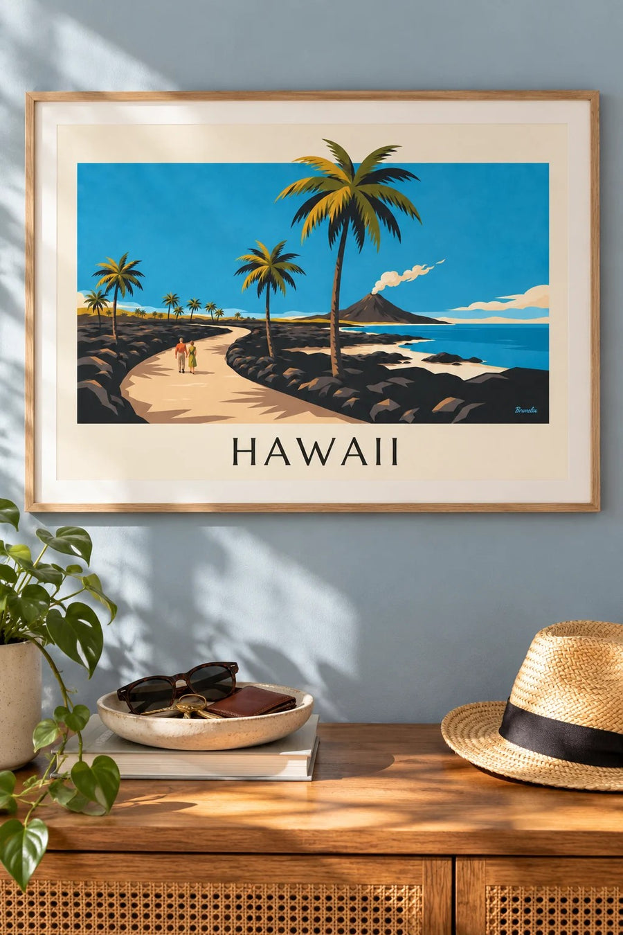 Affiche route d'Hawaii entre palmiers et volcan : encadrée au mur