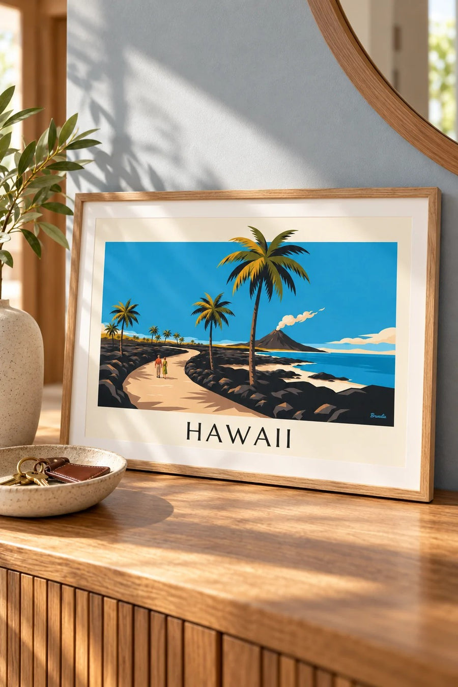 Affiche route d'Hawaii entre palmiers et volcan : petit format A4 encadré