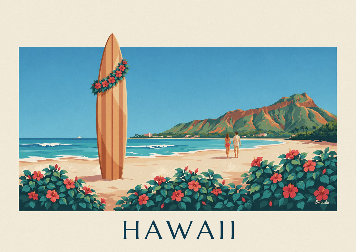 Affiche planche de surf et hibiscus face à Diamond Head, Hawaii
