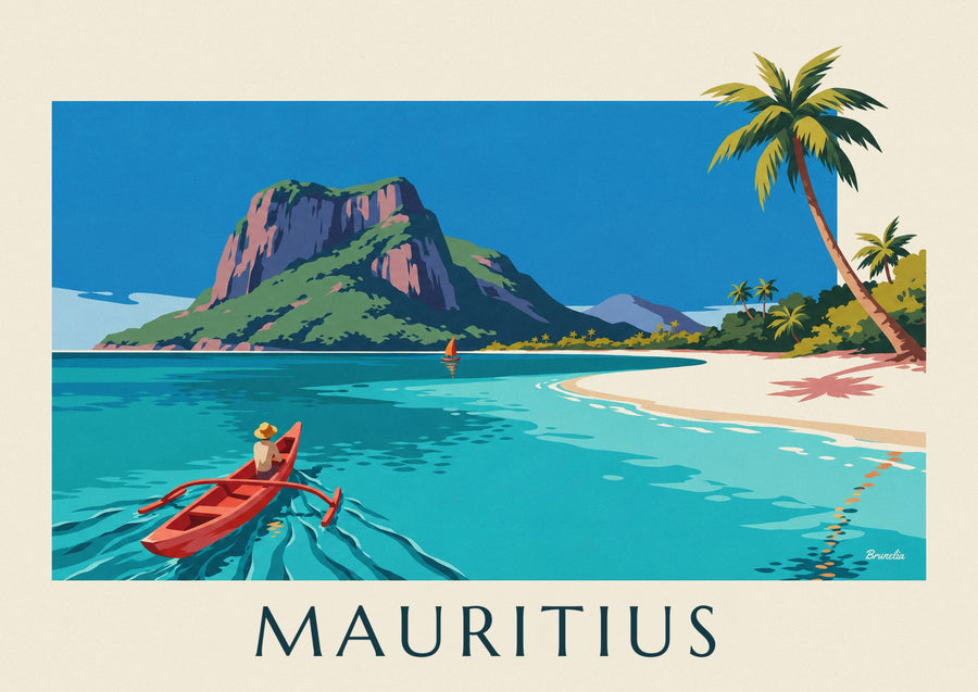 Affiche lagon, cocotiers et Morne Brabant à l'île Maurice