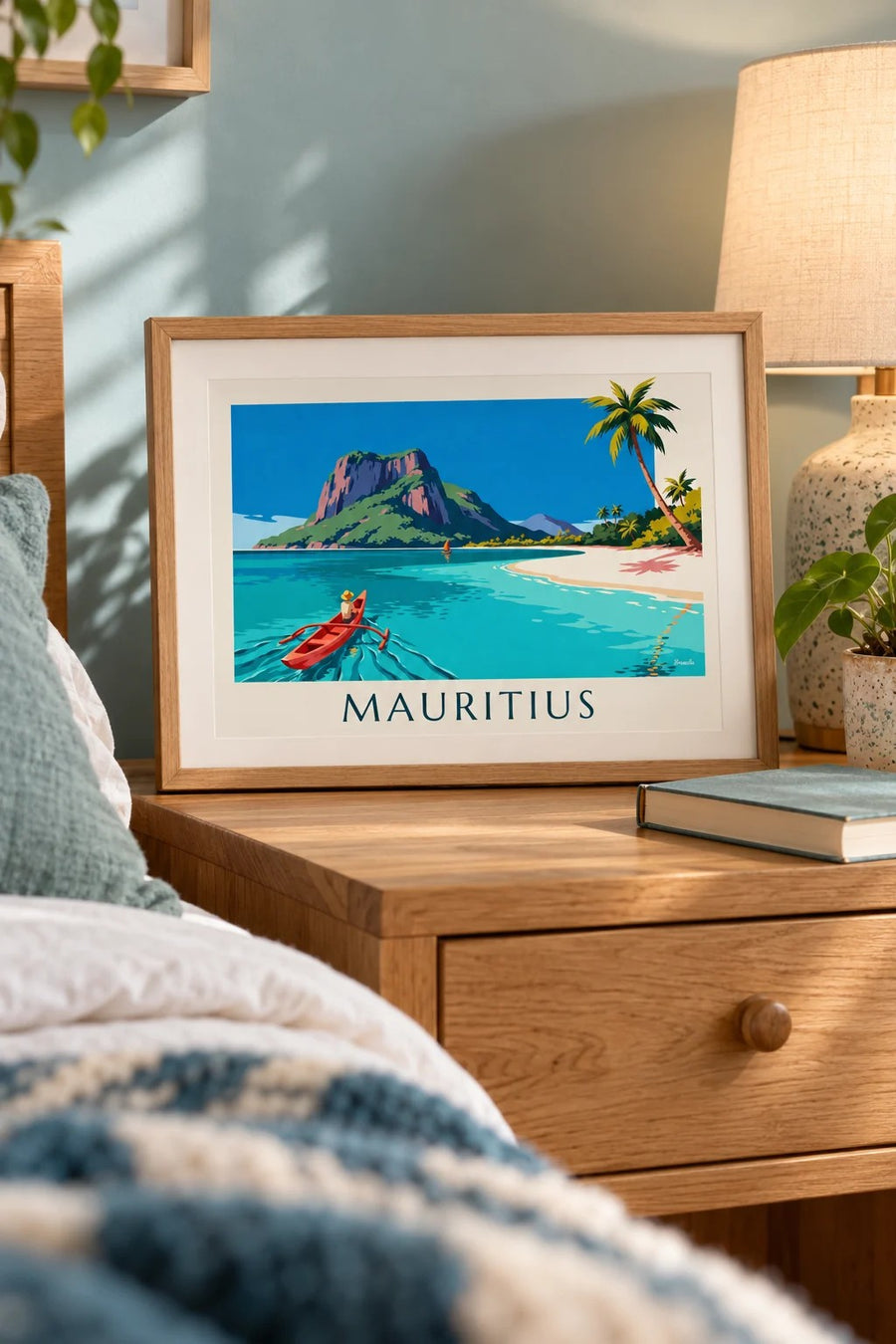 Affiche lagon, cocotiers et Morne Brabant à l'île Maurice : petit format A4 encadré