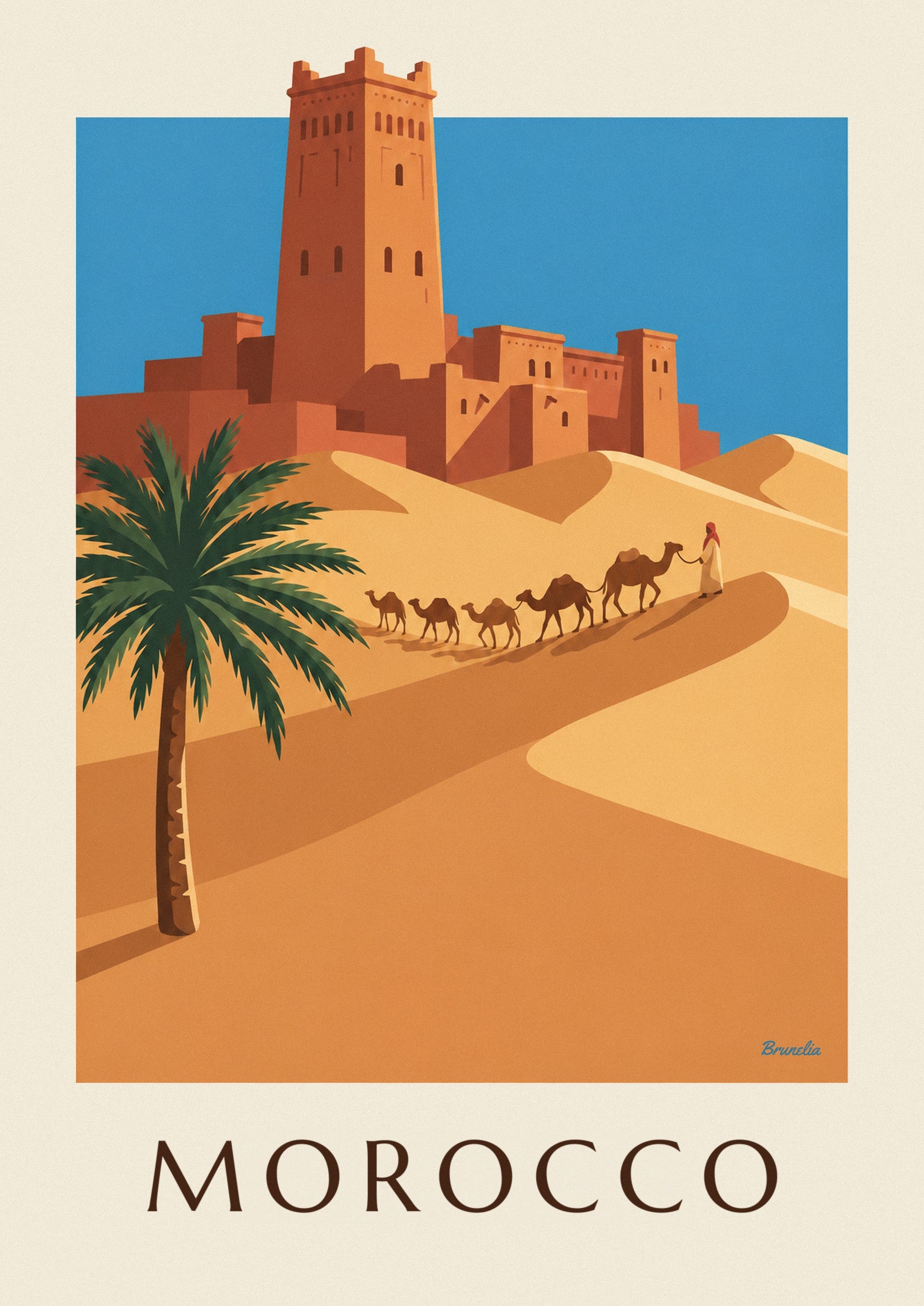 Affiche casbah et caravane de chameaux dans le désert marocain : détail en gros plan