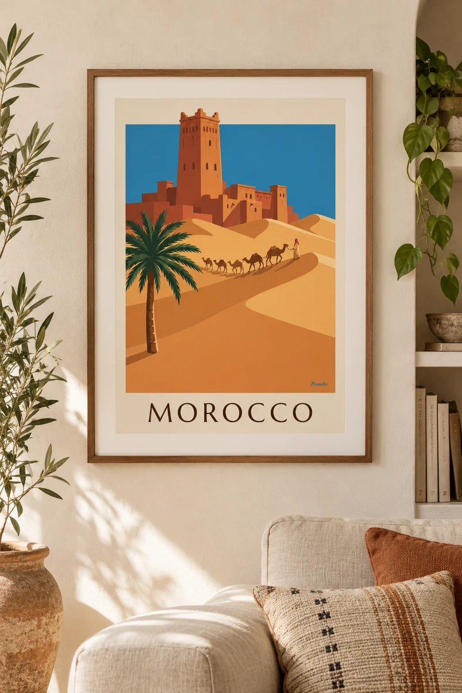 Affiche casbah et caravane de chameaux dans le désert marocain : petit format A4 encadré