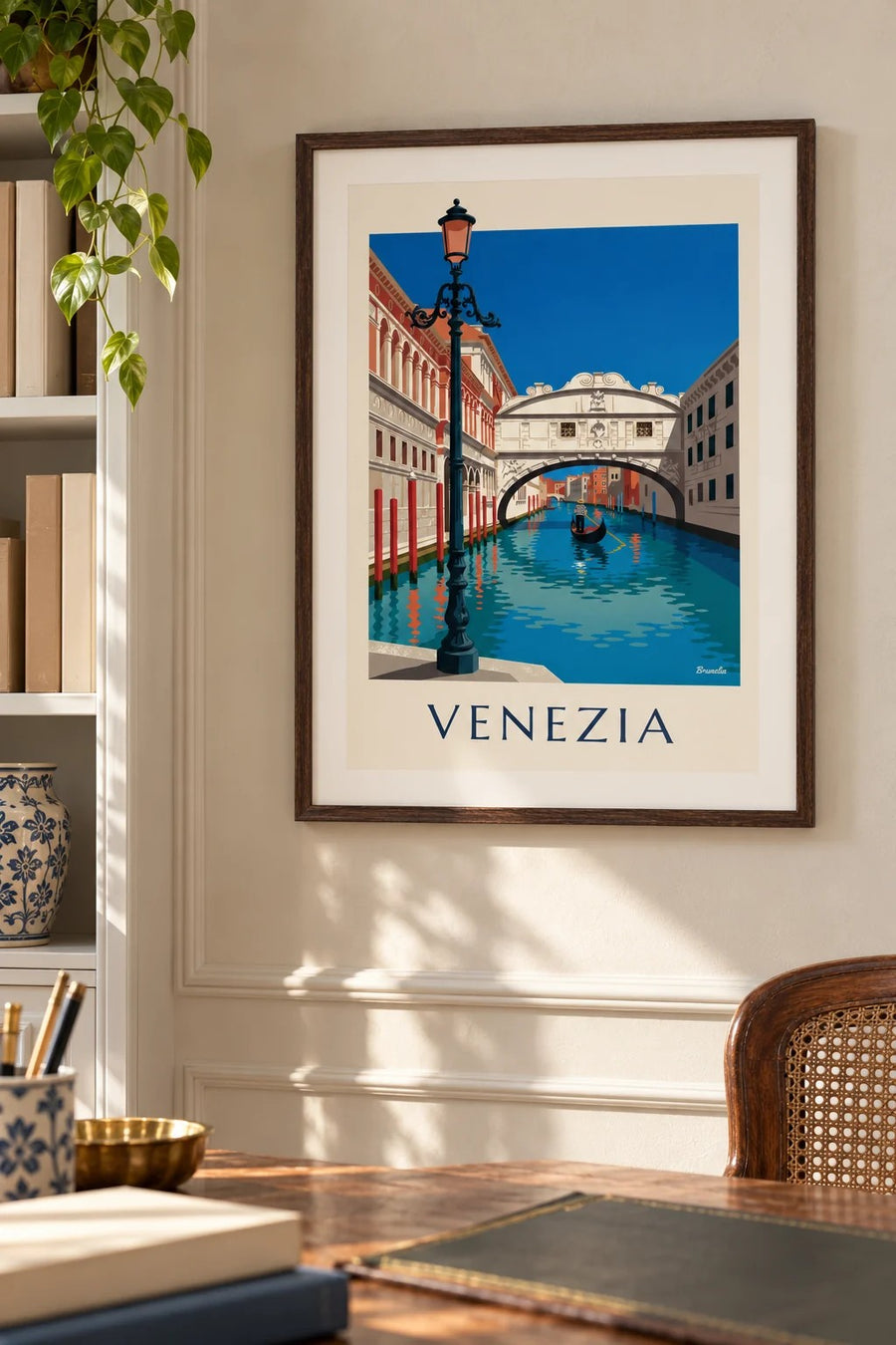 Affiche gondole sous le pont des Soupirs à Venezia : petit format A4 encadré