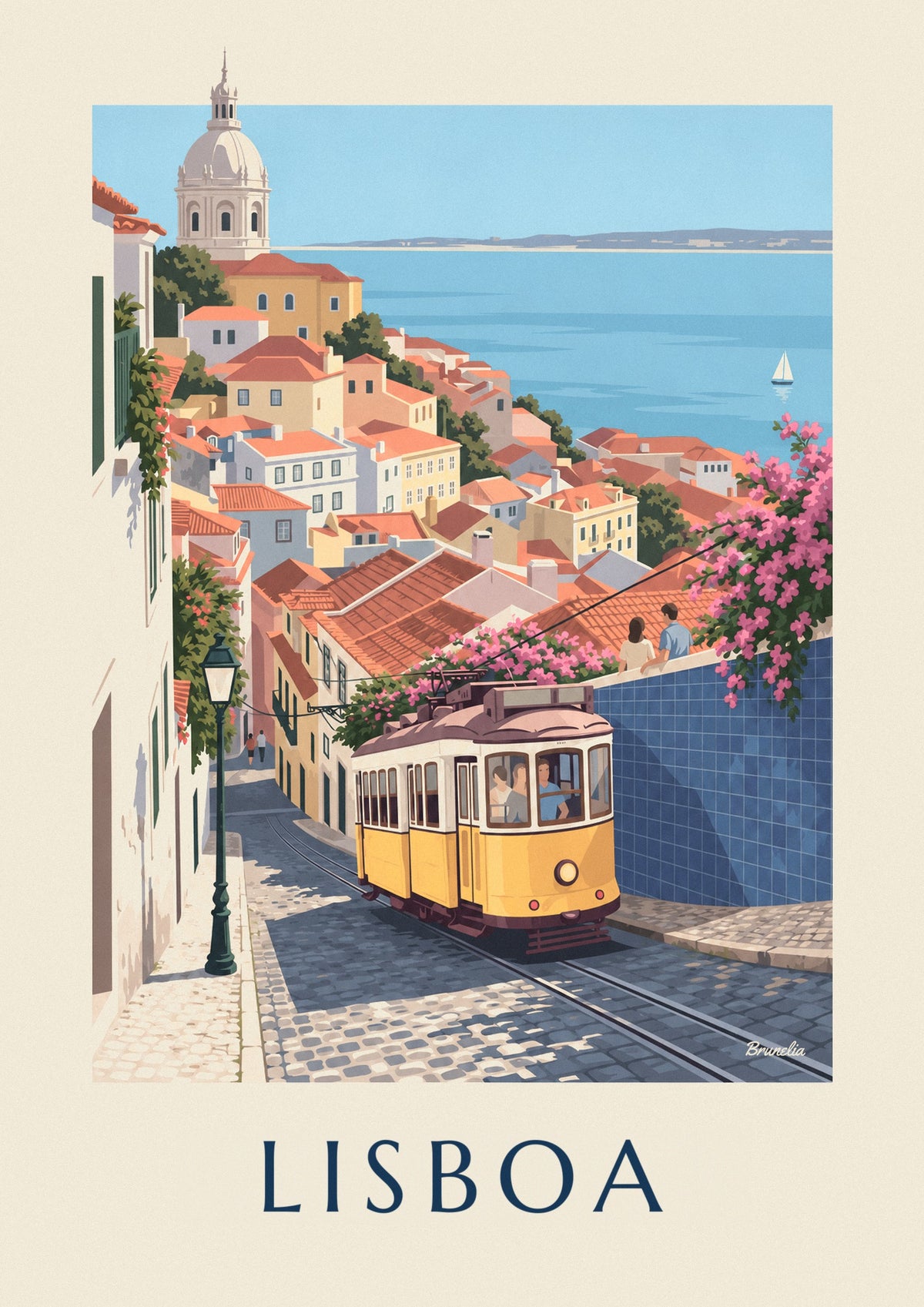 Affiche tramway jaune dans une rue pavée de Lisboa face au Tage