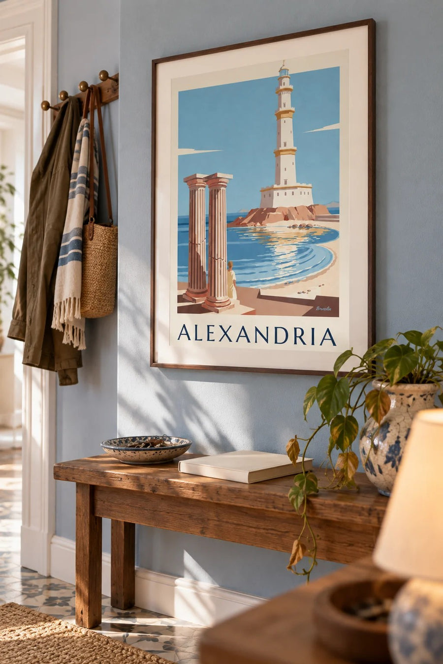 Affiche phare antique et colonnes d'Alexandria en Égypte : encadrée au mur