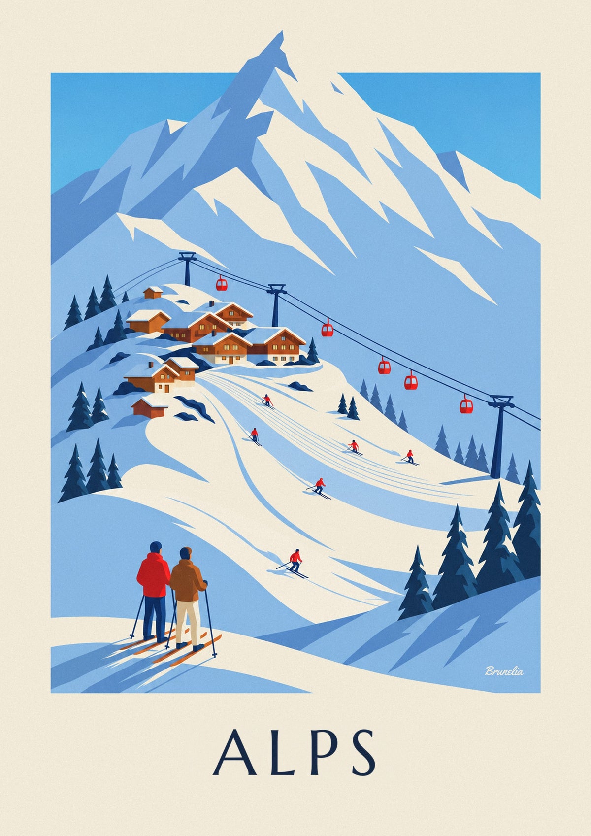Affiche station de ski des Alps françaises et télécabine