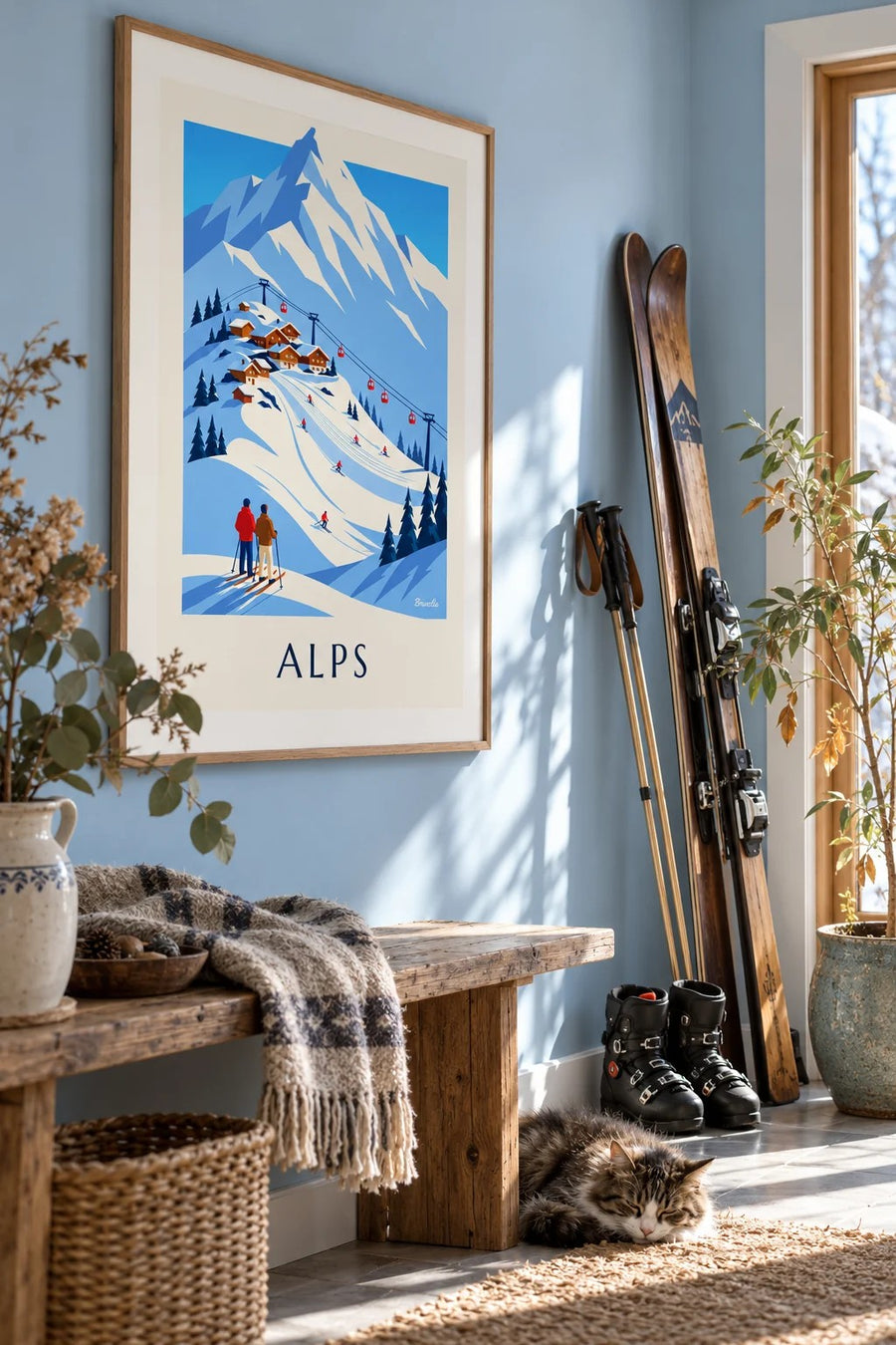 Affiche station de ski des Alps françaises et télécabine : encadrée au mur
