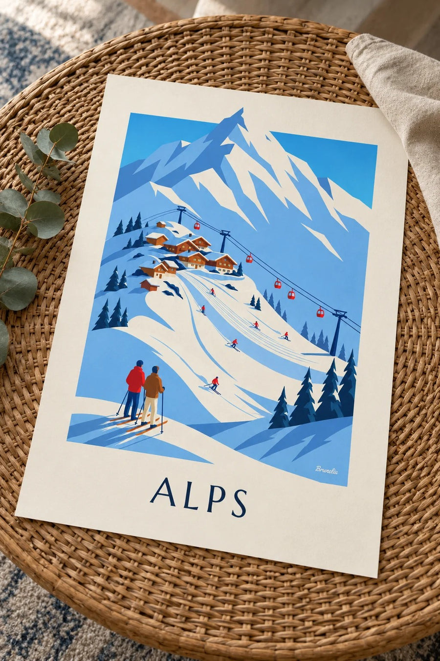 Affiche station de ski des Alps françaises et télécabine : posée sur une table