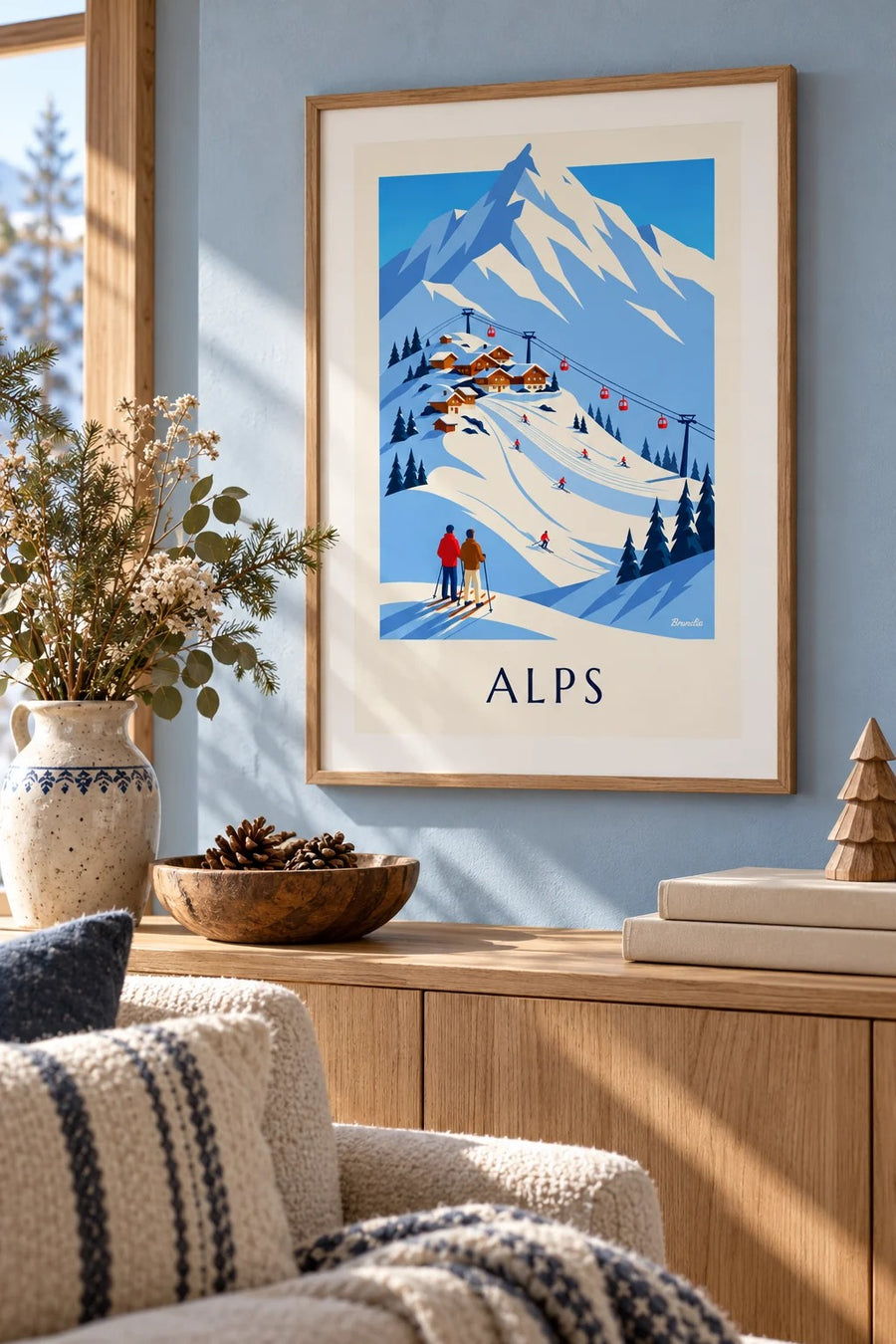 Affiche station de ski des Alps françaises et télécabine : petit format A4 encadré