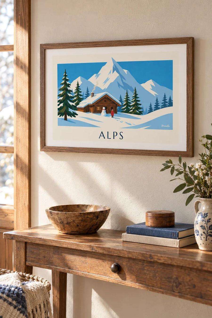 Affiche chalet enneigé et bonhomme de neige dans les Alpes : petit format A4 encadré