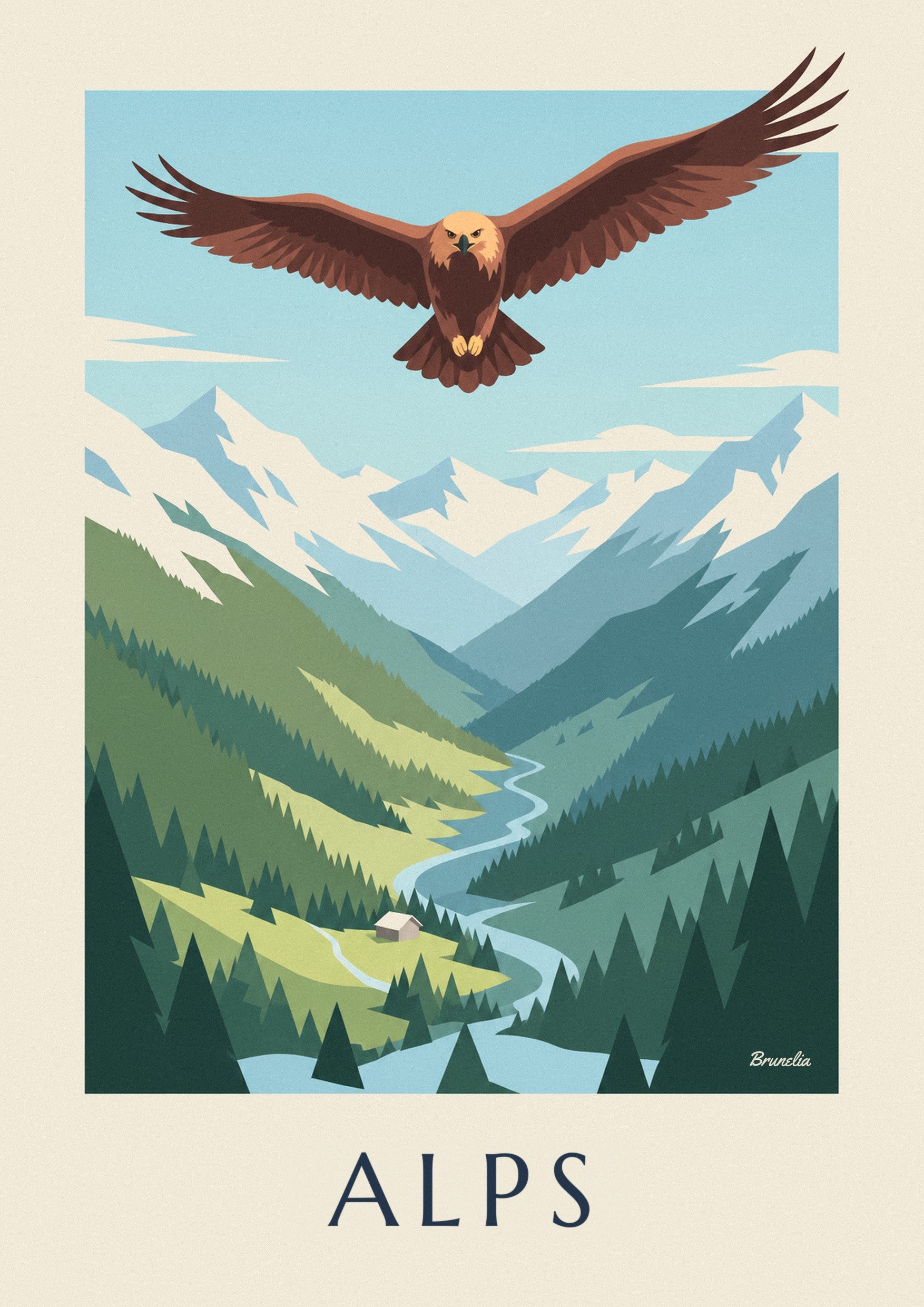Affiche aigle royal au-dessus d'une vallée des Alps : détail en gros plan
