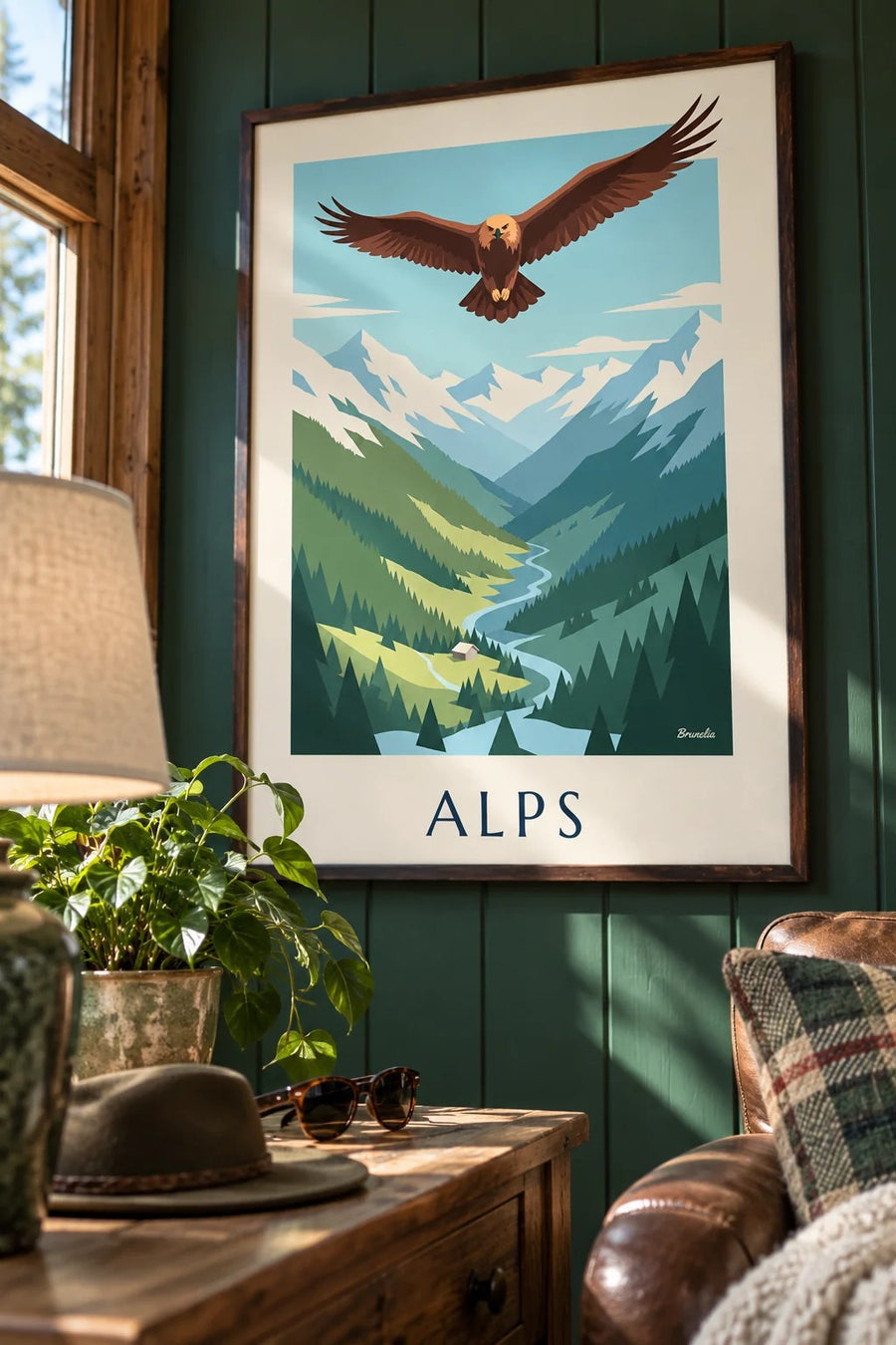 Affiche aigle royal au-dessus d'une vallée des Alps : encadrée au mur
