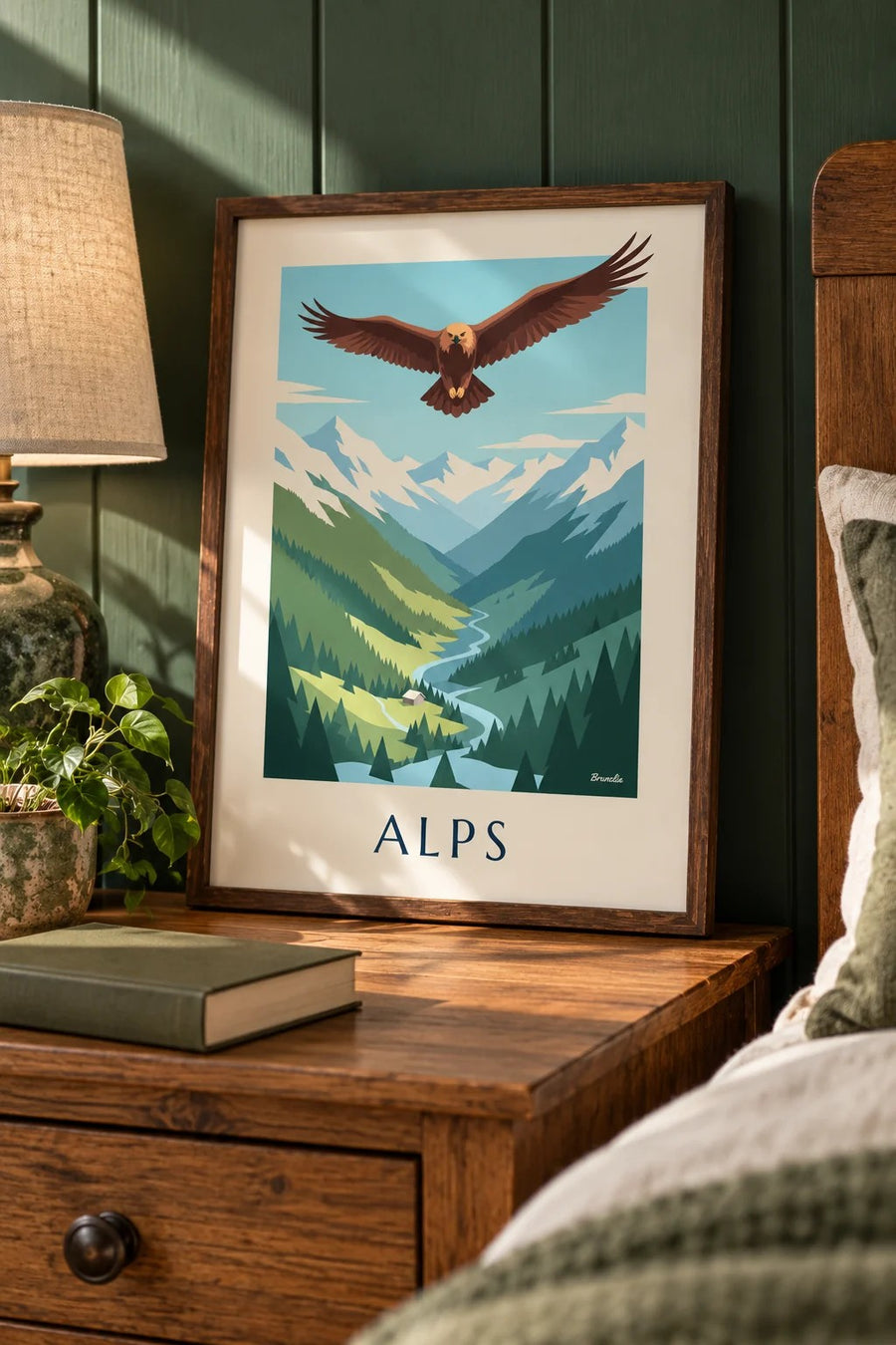Affiche aigle royal au-dessus d'une vallée des Alps : petit format A4 encadré