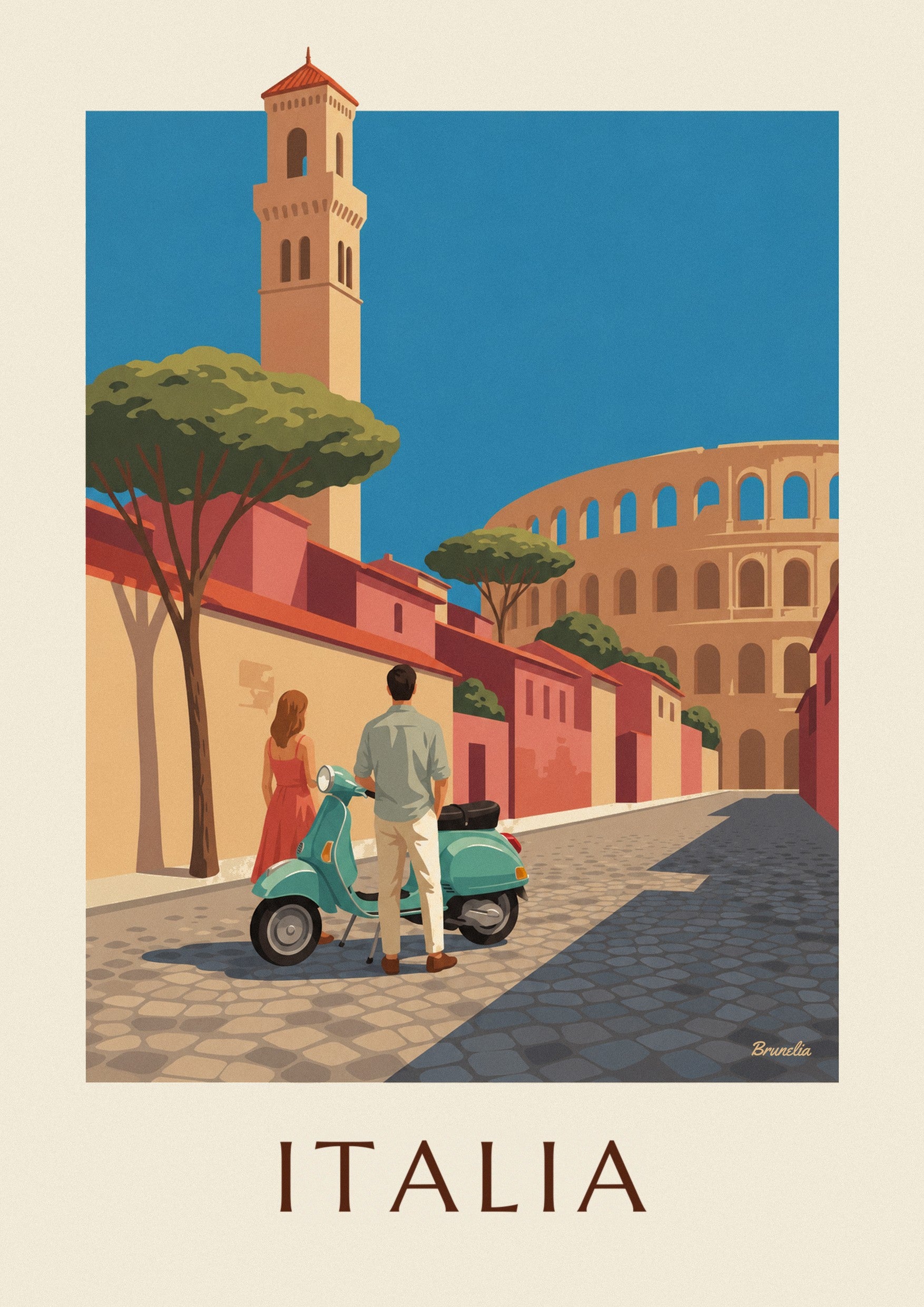 Affiche couple et scooter vert d'eau devant le Colisée à Rome : détail en gros plan
