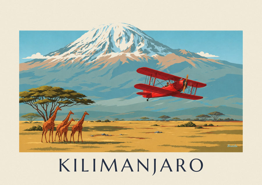 Affiche biplan survolant la savane et le Kilimanjaro