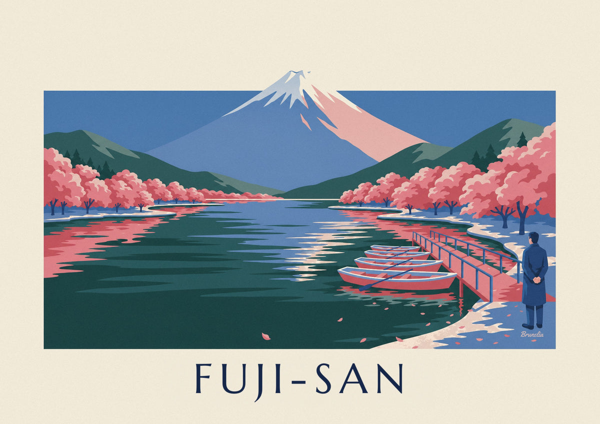 Affiche mont Fuji, cerisiers en fleurs et barques au ponton
